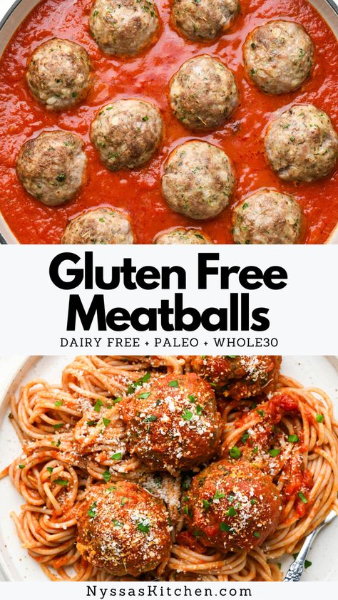 Meatball Recipes Gluten Free Dairy Free, Vegan Gluten Free Meatballs, Dairy And Gluten Free Meatballs, Meatballs Recipe Gluten Free, Gluten Free Beef Meatballs, Gf Meatballs Gluten Free, Easy Gluten Free Meatballs, Dairy Free Meatball Recipes, Paleo Meatball Recipes