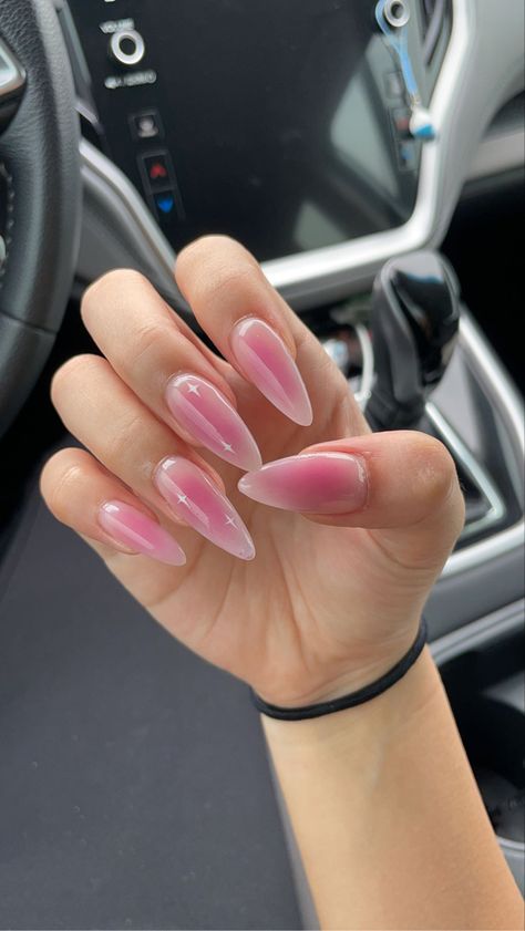 Aura Nails White And Pink, Almond Nails Ombre Designs, Neutral Pink Nails Design, Almond Nails Easy Designs, Pink Aura Nails With Chrome, Pink Chrome Nails With Design, Pink Nails Ideas 2024, Full Colour Nails, Pink Aura Nails Almond