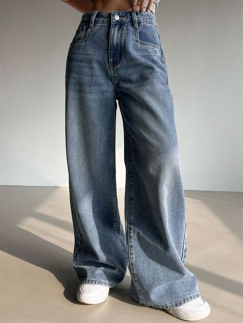 Blue  Collar  Denim Plain Wide Leg Embellished Non-Stretch All Women Clothing Long Baggy Jeans, Baggy Jeans Style, Aesthetic Baggy Jeans, Pants For School, Baggie Jeans, Baggie Jeans Outfit, Loose Jeans Outfit, Long Denim Pants, Jeans Oversize