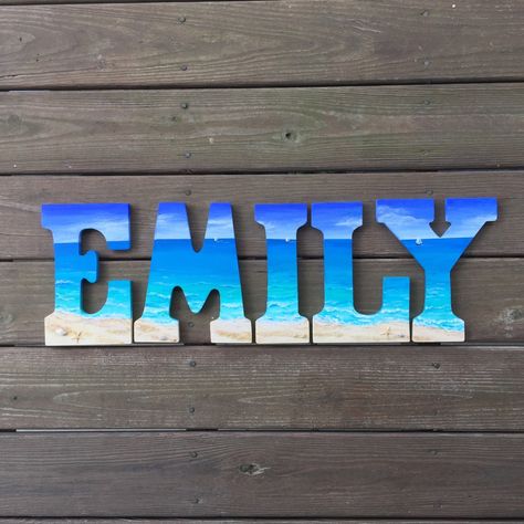 We can also make names! Wood Letter Painting Ideas Initials, Letter Painting Ideas Wooden, Painted Letters Diy, Wood Letter Painting Ideas, Make Names, Dyi Signs, Beach Letters, Decorating Letters, Letter Painting