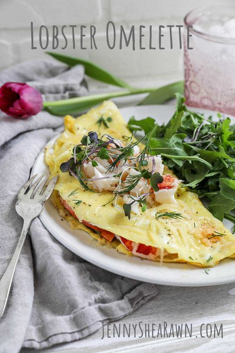 An image of a lobster omelette Lobster Omelette Recipe, Lobster Omelette, Crab Omelette Recipe, Lobster Recipes Easy, Crab Omelette, Omelette Healthy, Breakfast Omelette, Egg Omelette, Havarti Cheese