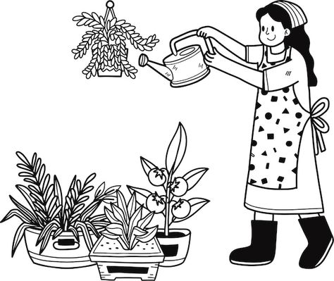 Young woman watering plants illustration... | Premium Vector #Freepik #vector #girl-cartoon #girl #cute-girl #watering-plants Watering Plants Drawing, Watering Plants Illustration, Woman Watering Plants, Human Sketches, Vector Girl, Plant Sketches, Plants Illustration, Human Sketch, Watering Plants