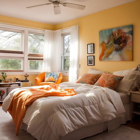 Bright Relaxing Bedroom, Light Orange Walls Bedroom, Light Orange Bedroom, Orange Bedroom Walls, Orange Rooms, Orange Bedroom, Bedroom Orange, Bedroom Wall Paint, Light Bedroom