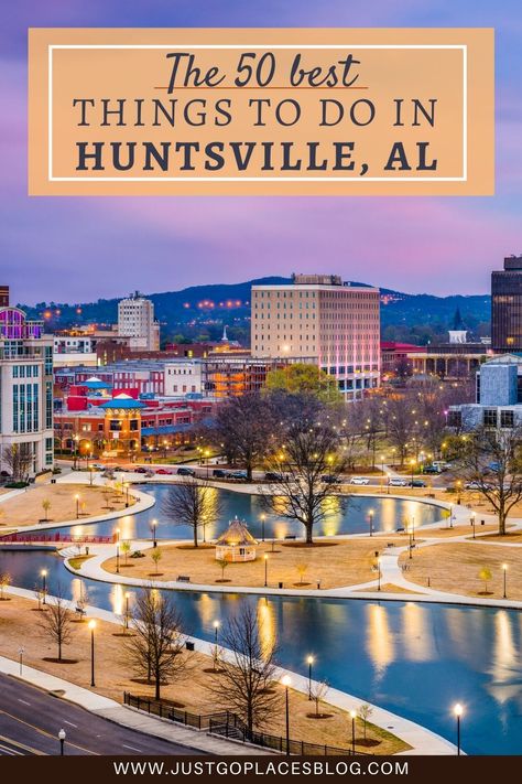 There are so many things to do in Huntsville Alabama that it ranks on many Alabama travel places to visit . Find out what must go on your Huntsville Alabama things to do bucket lists! Huntsville Alabama downtown has museums like the Huntsville Museum of Art and great Huntsville Alabama restaurants and craft beer. Huntsville Alabama things to do for families include the Huntsville Space and Rocket Center, Huntsville space camp and finding photo opportunity ideas at the Huntsville street murals. Cool Cities, North Alabama, Southern Travel, Alabama Travel, Huntsville Alabama, Vacation Usa, Us Travel Destinations, Road Trip Fun, United States Travel