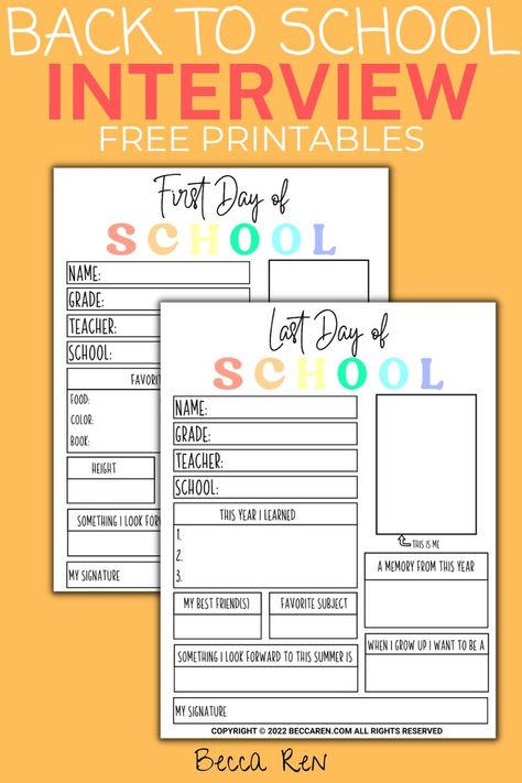 first day of school interview Last Day Of School Interview, First Day Of School Interview, School Memory Binder, First Day Printable, Free School Printables, School Scrapbook Layouts, School Interview, Back To School Art, First Day School