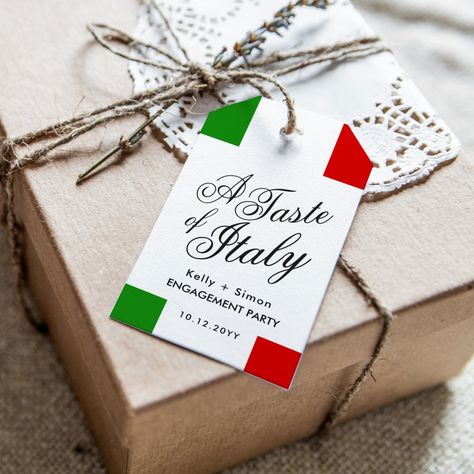 Celebrate your Engagement party and future matrimony by throwing an Italian-style food-tasting event. Allow everyone to socialize while tasting the best and most popular dishes of Italian cuisine. These gift tags feature Italian flag stripes framing the side along with the words "a taste of Italy" towards the center. All elements of the item are unlocked and customizable Including the "A taste of Italy" phrase. Simply use the customized function to access these features.  Have fun designing and making it your own. Italian Bachelorette, Italian Themed Birthday, Italian Themed Parties, Popular Dishes, Themed Dinner, Engagement Party Gifts, Italian Flag, Dinner Themes, Food Tasting