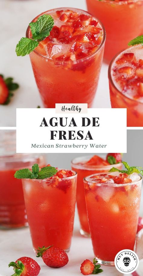 Mexican Aqua Fresca Recipes, Mexican Fruit Drinks Aguas Frescas, Healthy Agua Fresca, Fresh Agua Fresca, Fresh Fruit Water Recipes, Watermelon Strawberry Agua Fresca, Blueberry Agua Fresca, Homemade Mexican Drinks, Mexican Waters Aguas Frescas