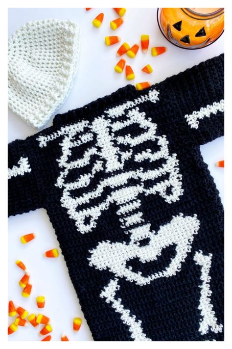 Halloween Sweater Free Crochet Pattern Baby Skeleton Costume, Crochet Frankenstein, Chunky Hat Pattern, Costume Crochet, Skeleton Baby, Lion Crochet, Crochet Pour Halloween, Dishcloth Patterns Free, Velvet Knit