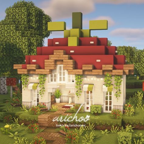 Minecraft Houses Strawberry, Minecraft Greenhouse Aesthetic, Minecraft Cottagecore Decoration, Minecraft Greenhouse Cottagecore, Cute House For Minecraft, Early Game Minecraft Builds, Minecraft House Cute Cottage, Minecraft Build Cottagecore, Minecraft Strawberry Build