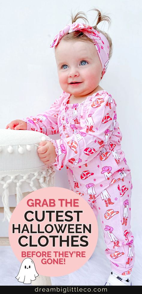 Toddler girl wearing a Halloween outfit that's pink with white ghosts wearing cowboy hats all over it. Easy Halloween Outfits, Kids Costume Ideas, Newborn Halloween Outfits, Halloween Costumes For Babies, Easy Halloween Outfit, Costumes For Babies, Newborn Halloween, Halloween Clothes, Halloween Adventure