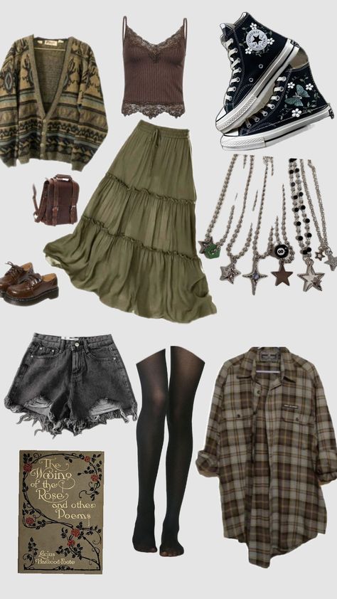 Faerie Grunge Aesthetic, Dark Fairycore Style, Pixie Inspired Outfits, Fairy Grungecore Outfits, Green Brown Aesthetic Outfit, Dark Fairy Grunge Aesthetic Outfits, Mosscore Aesthetic Outfit, Deer Aesthetic Outfit, Forestry Outfit