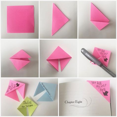 DIY corner bookmarks How To Make A Bookmark Out Of A Sticky Note, Origami Bookmark Corner Step By Step, Sticky Note Origami Bookmark, Sticky Note Origami Step By Step, Sticky Note Bookmarks, Diy Corner Bookmarks, Sticky Note Crafts, Origami Bookmark Corner, Sticky Note Origami