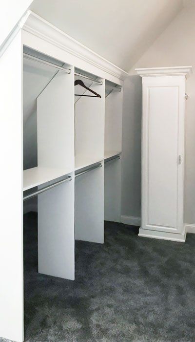 Slanted Ceiling Closet, Sloped Ceiling Closet, Attic Bedroom Closets, Closet Conversion, Attic Bedroom Storage, Attic Wardrobe, Slanted Walls, Attic Bedroom Designs, Attic Closet