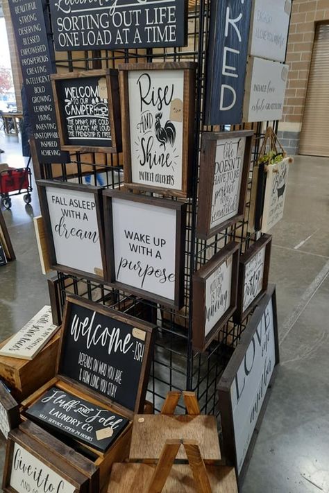 Selling Signs At Craft Fair, Sign Displays For Craft Shows, Wood Sign Booth Set Up, Craft Show Displays For Wood Signs, How To Display Signs At A Craft Fair, Craft Show Advertising Signs, Vendor Sign Display, Craft Show Table Display Ideas For Wood Signs, Candle Display Craft Show Signs