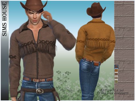 The Sims Resource - MEN'S FRINGED JACKET Sims 4 Male Cowboy Cc, Ts4 Cowboy Cc, Sims 4 Cc Country Clothes Male, Cowboy Sims 4 Cc, Sims 4 Cowboy Cc, Men Western Outfits, Ranch Clothes, Ranch Outfits, Desert Clothing