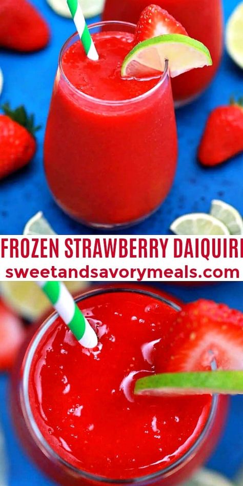 Frozen Strawberry Daiquiri [Video] - Sweet and Savory Meals Cookout Drinks, Strawberry Daiquiri Recipe, Drinks Homemade, Frozen Strawberry Daiquiri, Daiquiri Recipe, Daiquiri Cocktail, Mango Smoothie Recipes, Healty Dinner, Frozen Strawberry