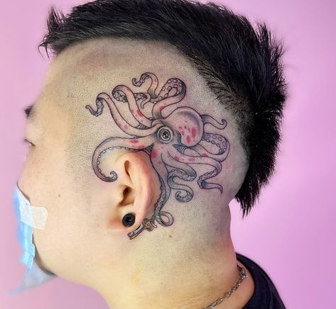 Tattoos Behind Ear, Side Of Face, Behind The Ear Tattoo, Octopus Tattoos, Head Tattoo, Octopus Tattoo, Head Tattoos, Sea Creature, Nature Tattoos