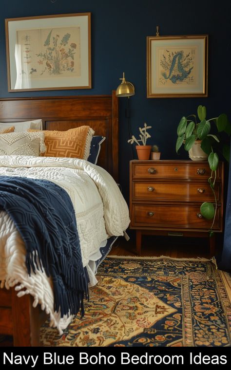 Transform your bedroom into a serene sanctuary with our stunning Navy Blue Boho Bedroom ideas! Discover how to combine the deep, calming tones of navy blue with the eclectic charm of bohemian decor to create a space that's both sophisticated and inviting. Our latest blog post showcases a variety of Boho Bedroom designs that incorporate rich blue hues, natural materials, and unique decor elements. Whether you're looking to add a bold navy accent w Navy Blue Earthy Bedroom, Blue And Clay Bedroom, Dark Blue And Rust Bedroom, Navy Themed Bedroom, Dark Blue Bedrooms Ideas, Boho Navy Bedroom, Navy Terracotta Bedroom, Navy Accent Bedroom, Navy And Wood Bedroom