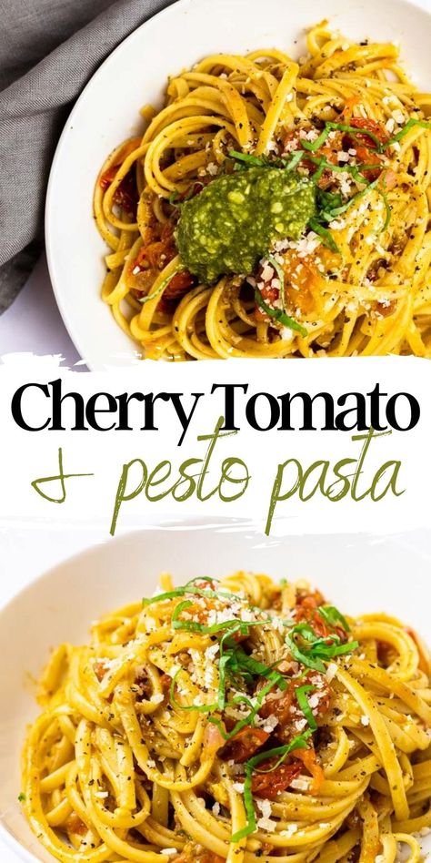 Full of fresh flavour, easy to make, and totally delicious this cherry tomato pasta is a breeze to whip up! The fresh cherry tomatoes cook down into the most luscious sauce that is flavoured with a high quality pesto. Just 6 ingredients and 20 minutes of time to get it on your plate. Pesto Cherry Tomato Pasta, Pesto Pasta With Cherry Tomatoes, Pesto Pasta Tomato, Blistered Cherry Tomatoes Pasta, Cherry Tomato Pesto, Spaghetti Cherry Tomatoes, Pasta With Roasted Cherry Tomatoes, Pasta With Pesto And Tomatoes, Roasted Cherry Tomatoes Pasta