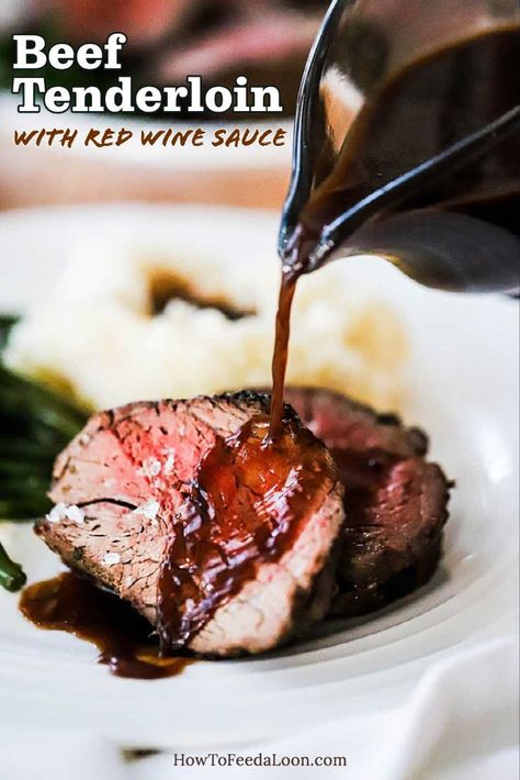 Beef Tenderloin with Red Wine Sauce is a show-stopper of roast. Unbelievably tender and deeply flavorful. The red wine sauce puts it over the top. The perfect holiday roast. Get the complete recipe with ALL-NEW VIDEO on the blog! Tenderloin With Red Wine Sauce, Beef Tenderlion, Whole Beef Tenderloin, Red Wine Beef, Holiday Roast, Beef Tenderloin Recipes, Holiday Roasts, Avocado Salad Recipes, Red Wine Sauce