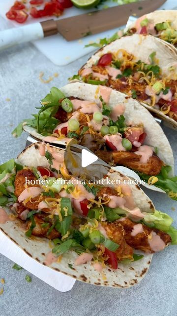 Alex Hughes | Fitness & Food on Instagram: "Honey sriracha chicken tacos 🌮   These tacos are such a banging quick and easy dinner (the chicken is next level tasty). 🤤   Paired with lettuce, tomatoes, a homemade sriracha yoghurt sauce and grated cheese for bites bursting full of flavour. Only 436 calories and 37g protein for two tacos ✅💗  Hit SAVE for your next taco night 📌  Ingredients (serves 2):  200g chicken breast thinly sliced  Tsp smoked paprika  Tsp ground cumin Tsp garlic granules  Tsp onion granules 25g sriracha  15g runny honey Squeeze of lime  4 mini wraps  Round lettuce chopped 5 cherry tomatoes quartered  15g Red Leicester Cheese  2 spring onion chopped  A few sprigs of coriander finely diced  Yoghurt drizzle:  50g fat free greek yoghurt 5g runny honey  15g sriracha  Salt Honey Sriracha Chicken Tacos, Sriracha Salt, Mini Wraps, Red Leicester Cheese, Homemade Sriracha, Yoghurt Sauce, Honey Sriracha Chicken, Sriracha Chicken, Summer Food