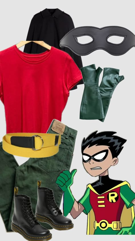 #teentitansgo #robin #halloween #halloweencostumes Diy Robin Costume Men, Robin Diy Costume Woman, Simple Modest Halloween Costumes, Robin Costume Man, Diy Robin Costume For Women, Red Robin Costume, Halloween Costumes Tomboy, Robin Cosplay Teen Titans, Robin Teen Titans Costume