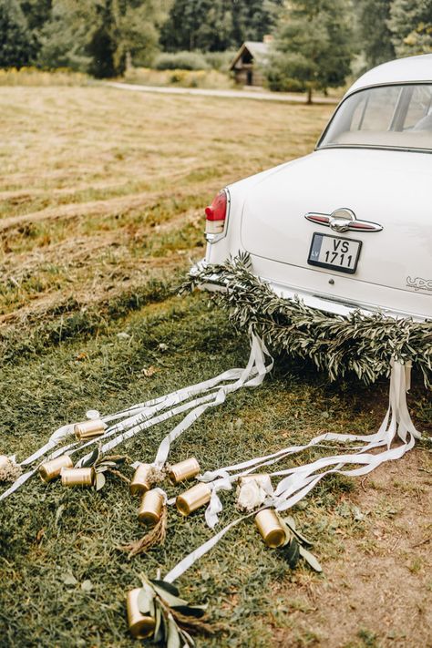 We Can't Get Over the Enchanting Glamour of This Latvian Greenhouse Wedding at Siltumnica | Junebug Weddings Wedding Getaway Car, Event Planning Guide, Just Married Car, Vintage Car Wedding, Wedding Car Decorations, Late Summer Weddings, Greenhouse Wedding, Rustic Wedding Inspiration, Getaway Car