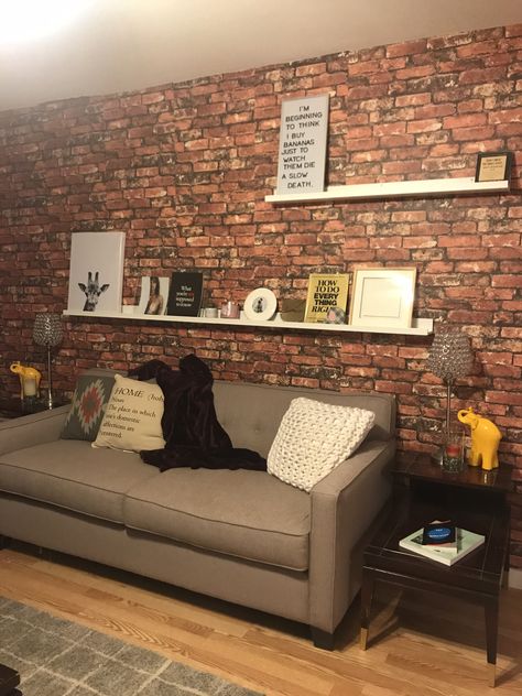 picture ledge brick wall grey couch and color accents living room Grey Brick Wall Living Room, Brick Wall Living Room Decor, Brick Wall Grey, Brick Wall Living Room Ideas, Grey Brick Wallpaper, Brick Wallpaper Living Room, Grey Brick Wall, Brick Wall Living Room, Brick Living Room