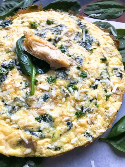 Ready in 20 minutes, this frittata is based off of Spinach Artichoke Dip. Vegetarian and gluten free (GF) recipe that is simple,. fast, and easy. Great for breakfast or brunch. Spinach, artichoke hearts, and Parmesan cheese. Spinach Artichoke Frittata #breakfastrecipes #brunch #glutenfreerecipes Artichoke Dishes, Spinach Artichoke Recipes, Dip Vegetarian, Artichoke Frittata, Frittata Recipes Healthy, Vegetarian Frittata, Inflammatory Meals, Healthy Frittata, Spinach Puff