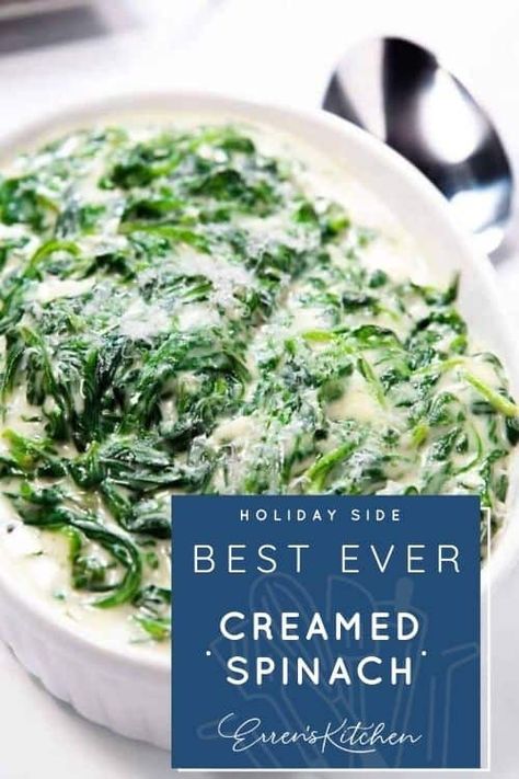 Have everyone eating their greens with this fantastic recipe for Creamed Spinach. #spinach #sides #thanksgiving #errenskitchen Thnksgiving Table, Frozen Creamed Spinach, Spinach Creamed, Best Creamed Spinach, Frozen Spinach Recipes, Best Creamed Spinach Recipe, Fresh Spinach Recipes, Dinner Spinach, Veggie Casseroles