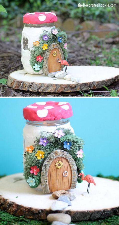 DIY Mason Jar Fairy House. Diy Fairy Garden Ideas, Kids Fairy Garden, Mason Jar Christmas Crafts, Diy Fairy Garden, Fairy Garden Ideas, Fairy Garden Kit, Fairy Garden Furniture, Fairy House Diy, Fairy Garden Designs