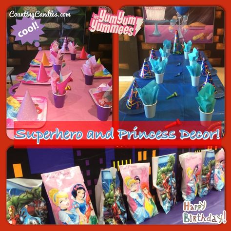 Superhero and Princess Party - Decor Princess And Superhero Party, Superhero Party Bags, Sibling Birthday Parties, Superhero Party Decorations, Combined Birthday Parties, Princess Birthday Party Decorations, Princess Party Decorations, Kids Themed Birthday Parties, Princess Theme Party