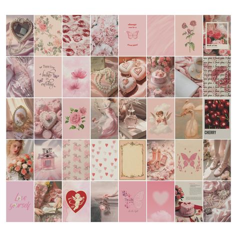 College Wall Collage, Coquette Room Decor Posters, Bedroom Decor Aesthetic Vintage, Cottage Posters, 4x6 Photo Wall Collage Ideas, Dorm Room Inspo Pink, Cute Wall Decor Bedroom, Balletcore Room, Acnh Coquette