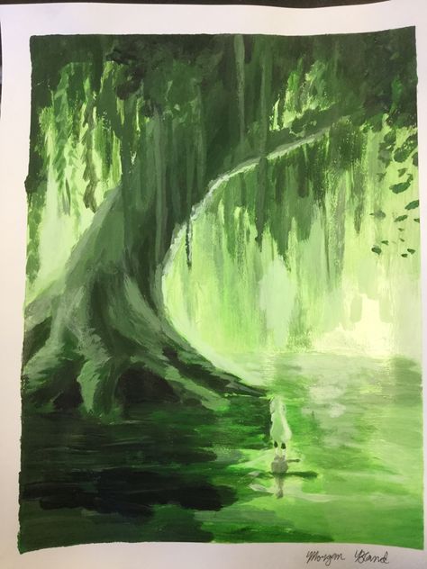 Monochromatic painting by Morgan Bland. (only uses green, black, and white) -use premixed green. Original image inspired by work from Devin art (artist of original image unknown) Monochrome Green Painting, Green Paiting Aesthetic, Ivy Plant Painting Acrylic, Landscape Monochrome Painting, Black White Green Painting, Green Asthetics Paintings, Green And Brown Painting Ideas, Painting Subjects Ideas, Cute Easy Aesthetic Paintings Green