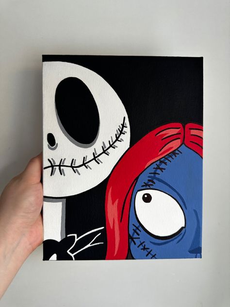 Painting W Black Background, Horror Movie Line Art, Ideas Of Things To Paint, Fall Inspired Painting Ideas, Spooky Halloween Canvas Painting, Halloween Couple Painting Ideas, Personal Paintings Ideas, Nightmare Before Christmas Painting Easy Canvas, Coraline Painting Ideas Easy