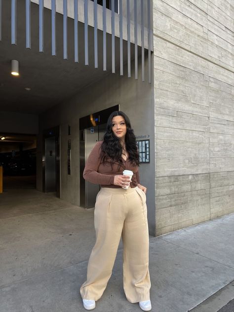 [AffiliateLink] 16 Great Fall 2023 Fashion Trends Plus Size Hacks You'll Be Surprised By #fall2023fashiontrendsplussize Beige Pants Outfit Plus Size, Neutral Aesthetic Outfits Plus Size, Curvy Pants Outfit, Thick Aesthetic Outfits, Mid Size Trousers Outfit, 2023 Outfits Plus Size, Trouser Outfit Plus Size, Beige Outfit Plus Size, Midsize Trousers Outfit