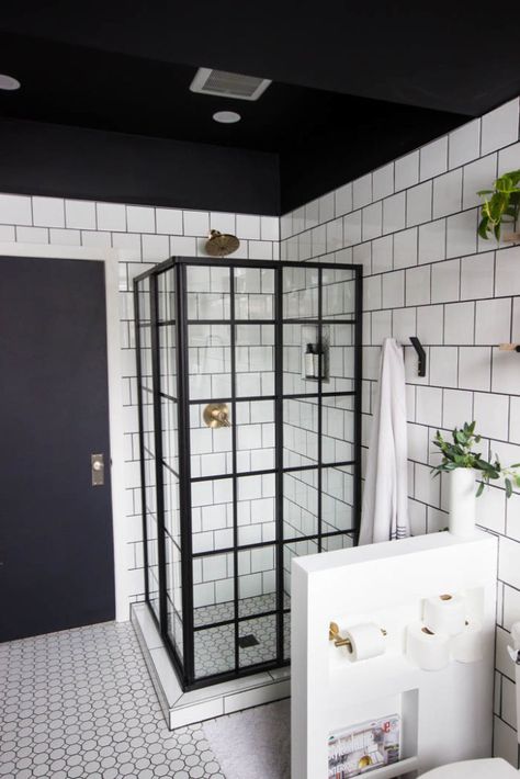 Wow! This modern Bathroom Reveal is absolutely stunning! What a gorgeous space! Everything from the black tub and shower frame, the champagne bronze faucets, and the wood vanity to the black ceiling and built-in storage units! What an incredible transformation! #modernbathroom #paintedceiling #blackceiling #blackandwhite #bathroom #remodel #renovations Dreamline Shower Door, Dreamline Shower, Black Tub, Bathroom Transformation, Bad Inspiration, Industrial Bathroom, Modern Farmhouse Bathroom, Bathroom Remodel With Tub, Black Ceiling