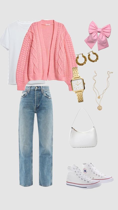 casual pink cardigan outfit #casualoutfit #pinkcardigan #pinkaesthetic #trendyoutfit #trend #aestheticoutfit #coquette #ootd #fashion Pink Cardigan Outfit, Cardigan Rosa, Cardigan Outfit, Pink Cardigan, Ootd Fashion, Converse, Ootd, Pink, White