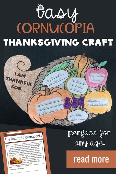 This easy printable conucopia Thanksgiving craft is perfect for all ages. An informational reading passage about the cornucopia is included with this activity. Comprehension questions cover main idea, supporting details, close reading, and more! #elementary #thanksgivingcraft #cornucopia Thankful Cornucopia Craft, Cornucopia Crafts For Kids, Thanksgiving Crafts For Second Grade, Cornucopia Art Projects For Kids, Cornucopia Craft For Kids, Cornucopia Template, Cornucopia Craft, Main Idea Supporting Details, Gratitude Activity