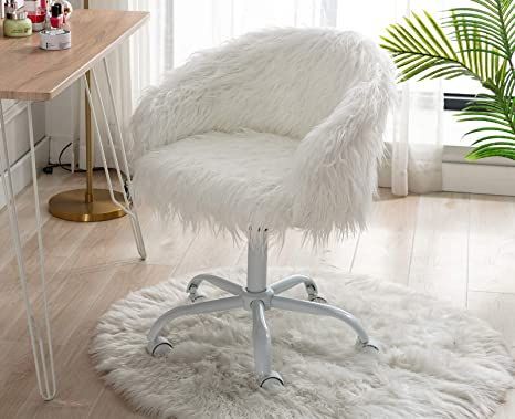 White Fluffy Chair, White Vanity Chair, Chair For Desk, Office Vanity, Fluffy Chair, Cute Desk Chair, Night Lamp For Bedroom, Unique Nightstand, Desk Bedroom