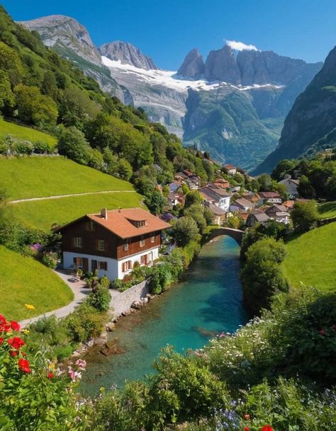 Swiss Village Aesthetic, Switzerland Village House, Switzerland Farmhouse, Cottage Switzerland, Beautiful Switzerland Nature, Switzerland Homes, Switzerland Countryside, Summer In Switzerland, Switzerland Home