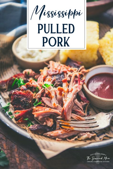 Just 5 ingredients and 5 minutes of prep make this Mississippi pulled pork crispy on the outside and tender and juicy on the inside! Serve the pork shoulder roast on a sandwich, in tacos, over a salad, or paired with all of your favorite Southern sides. It's an easy dinner recipe that the whole family will love! Southern Sides, Easy Pulled Pork Recipe, Pulled Pork Oven, Easy Pulled Pork, Pork Shoulder Recipes, Pulled Pork Nachos, Pulled Pork Leftovers, Pulled Pork Tacos, Shoulder Roast