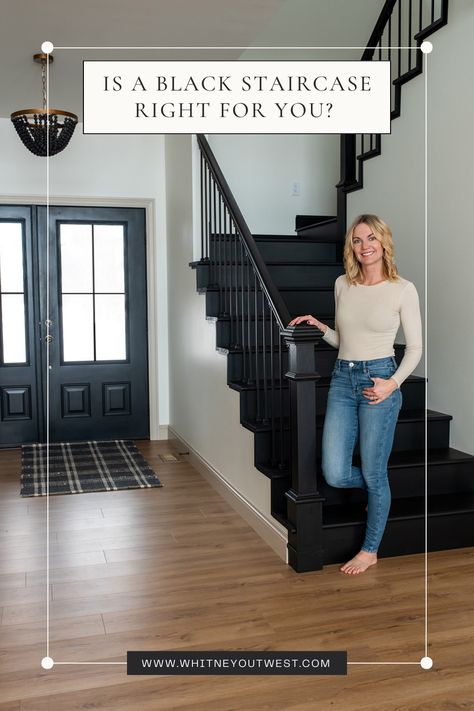 Whitney standing in front of a black staircase Black Wood Stair Railing, Dark Staircase Ideas, Black Railing Stairs, Black Banister, Painted Wood Stairs, Black Painted Stairs, Dark Staircase, Black Stair Railing, Black And White Stairs