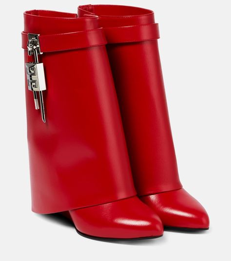 Shark Lock Leather Ankle Boots in Red - Givenchy | Mytheresa Givenchy Shark, Givenchy Boots, Mid Heel Ankle Boots, Red Leather Boots, Givenchy Shoes, Red High Heels, Red Boots, Evening Shoes, Brown Ankle Boots