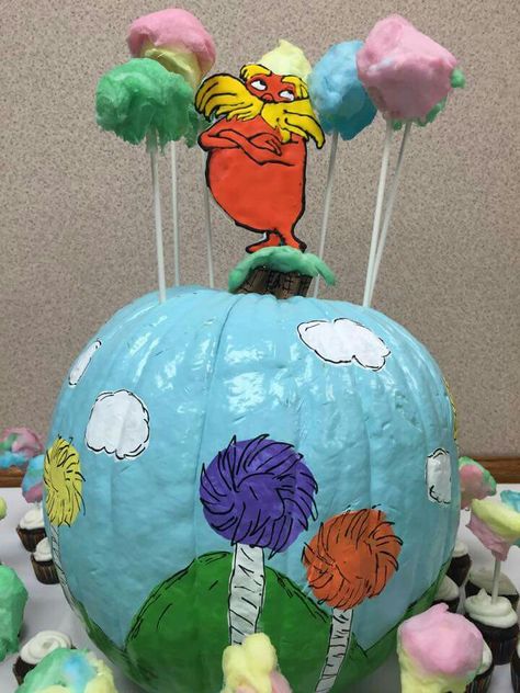 Pumpkin Carving Ideas Lorax Easy, Dr Suess Pumpkin Ideas, The Lorax Pumpkin Ideas, Lorax Pumpkin Painting, The Lorax Pumpkin, Dr Seuss Pumpkin Decorating Ideas, Lorax Pumpkin, Book Character Painted Pumpkins, Painted Pumpkin Book Characters