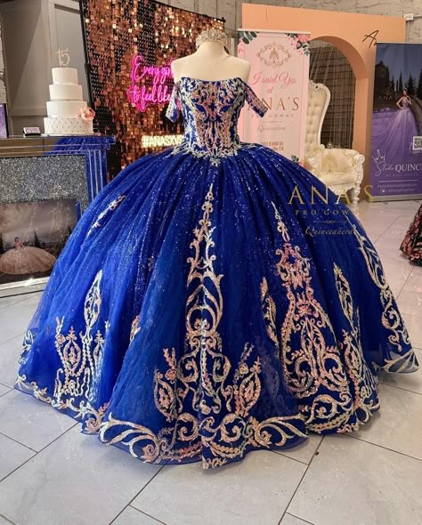 15 Dresses Quinceanera Blue And Gold, Royal Blue And Gold Quince Dress, Royal Blue And Gold Quinceanera Dresses, Blue Charro Quinceanera Dresses, Quinceanera Dresses Royal Blue, Moda2000 Quince Dresses, Dark Blue Quinceanera Dresses, Rare Dresses, Royal Blue And Gold Quinceanera