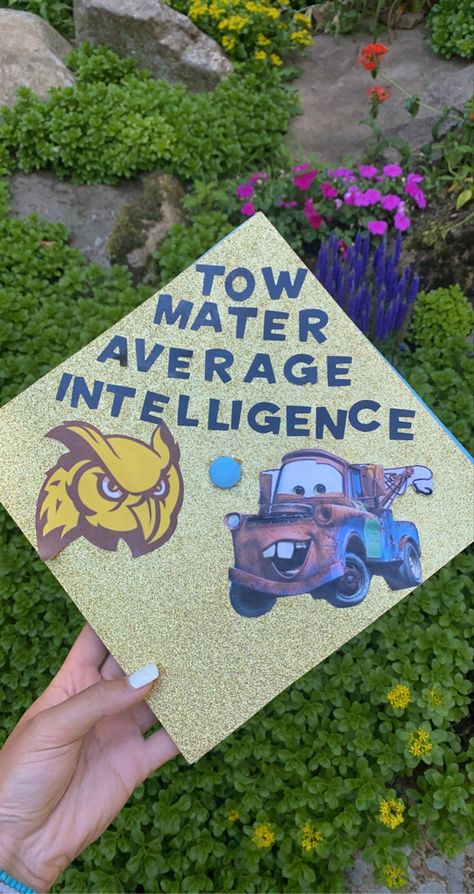 Mater Graduation Cap, Lightning Mcqueen Grad Cap, Car Graduation Cap Ideas, Lightning Mcqueen Graduation Cap, Grad Cap Ideas, Tow Mater, Grad Cap Designs, Diy Graduation Cap, Diy Graduation