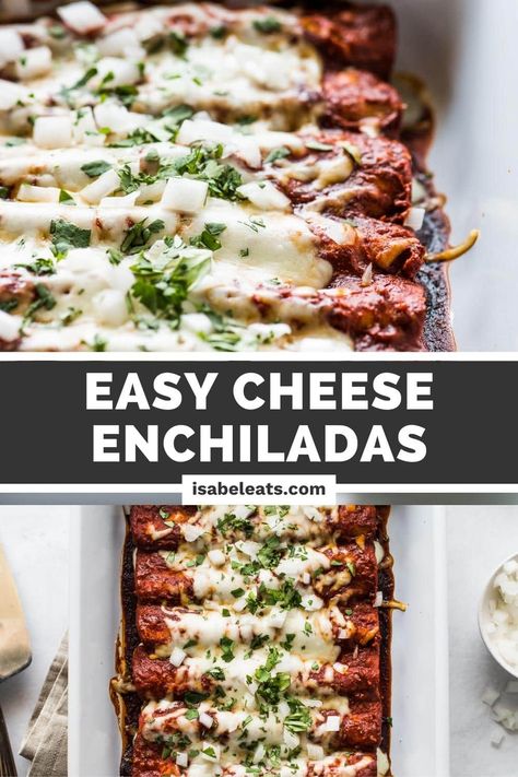 Made with an easy enchilada sauce, filled with savory melted cheese, and topped with chopped onions, these cheese enchiladas are sure to be a staple weeknight dinner. Great with Mexican rice and refried beans! Mexican Cheese Enchiladas, Easy Red Enchilada Sauce, Rice And Refried Beans, Easy Enchilada Sauce, Easy Cheese Enchiladas, Enchilada Sauce Easy, Isabel Eats, Recipes With Enchilada Sauce, Easy Enchiladas