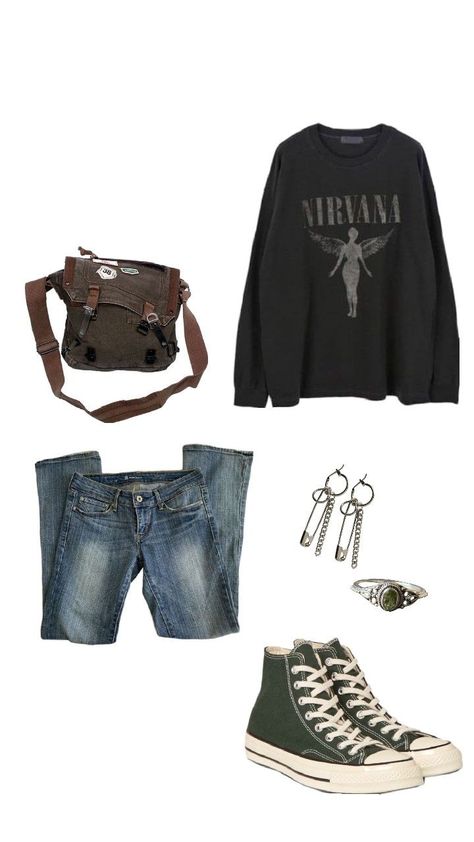 outfit inspiration, outfit ideas, nirvana dark grey hoodie, wash flare jeans, forest green converse, safety pin earrings, green emerald silver ring, dark green messenger bag with pins, grunge outfit inspiration Converse Inspiration, Nirvana Outfit, Nirvana Fashion, Outfit Grunge, Grunge Outfit, Outfits With Converse, Nirvana, Outfit Idea, Grunge Outfits