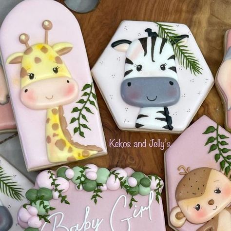 Jungle Baby Shower Cookies, Safari Cookies Jungle Theme, Safari Baby Shower Cookies, Safari Animal Cookies, Safari Baby Cookies, Girl Safari Party, Safari Baby Shower Girl, Safari Cookies, Tiffany Baby Showers